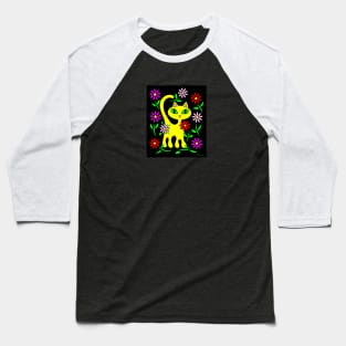 Yellow Kitty Cat with Flowers Baseball T-Shirt